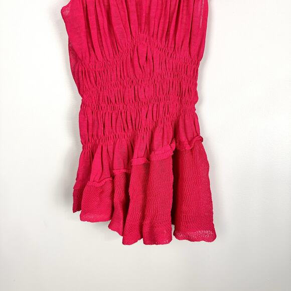 By Anthropologie Sheer Smocked Ruffled Asymmetrical Hot Pink Sweater Tank Small - Picture 5 of 9